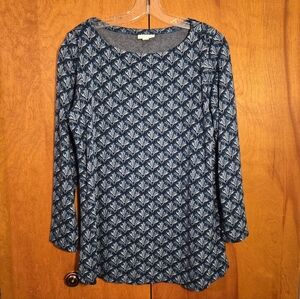 J. JILL Ponte Blue Knit Tunic Floral Leaf Boat neck 3/4 Sleeve Top Medium